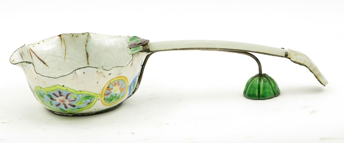 A Chinese enamel silver bowl with jade handle: A Chinese enamel silver bowl with jade handle. 8.625" across.