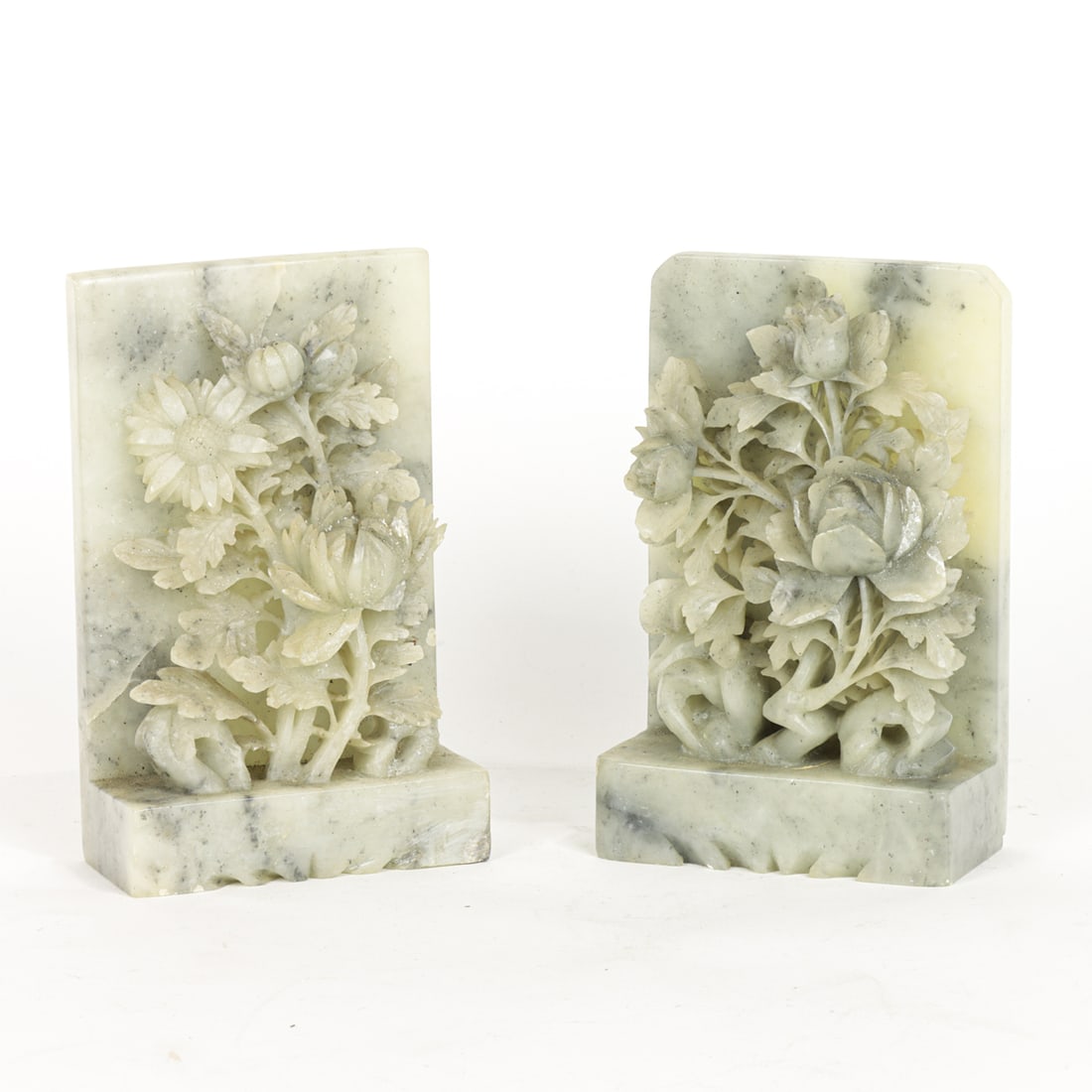 A pair of Chinese soapstone bookends: A pair of Chinese soapstone bookends. 20th century, 7"h x 4.25"w.