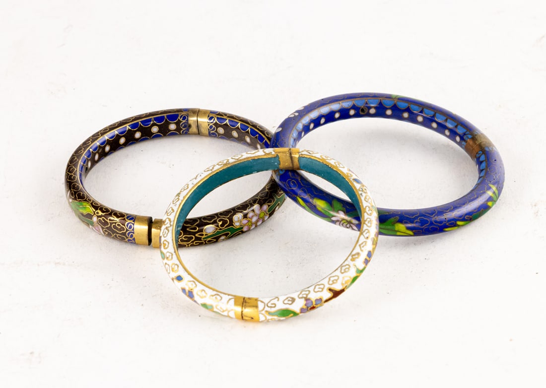 (lot of 3) Chinese cloisonne enamel bracelets: (lot of 3) Chinese cloisonne enamel bracelets. 20th century, from 2.25" to 2.5" wide.