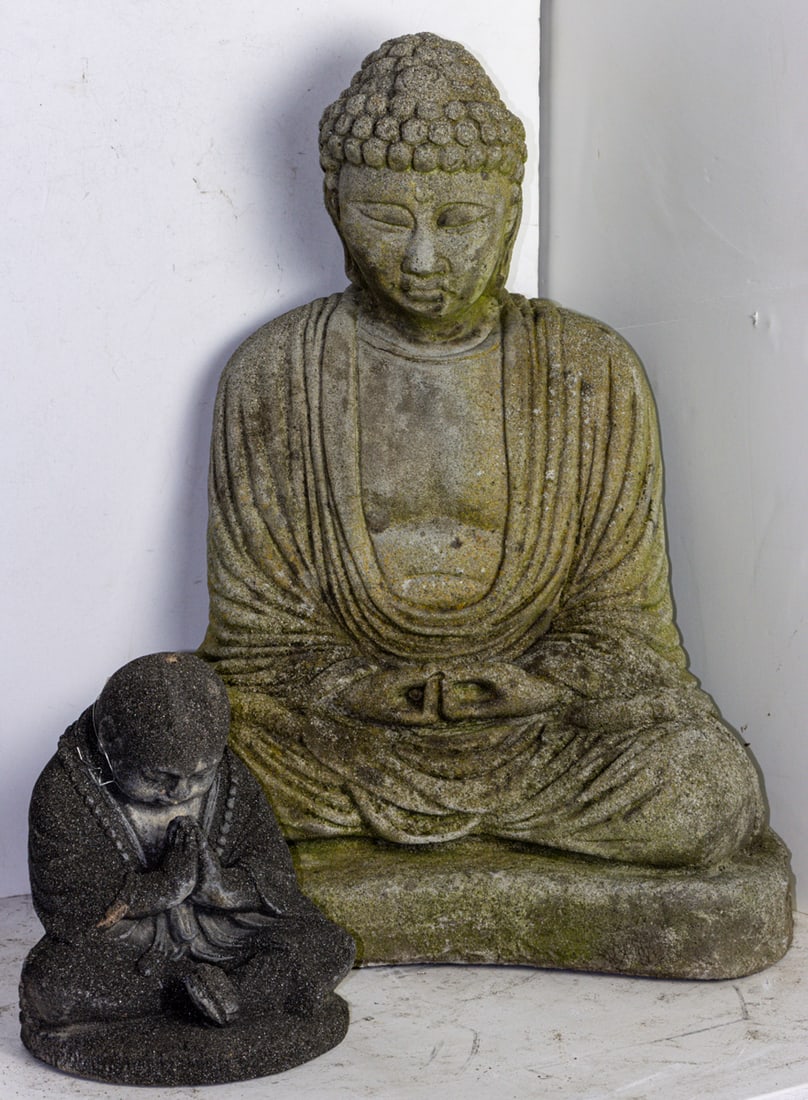 (lot of 2) Chinese stone carving garden Buddha: (lot of 2) Chinese stone carving garden Buddha. From 8" to 19.375" high.