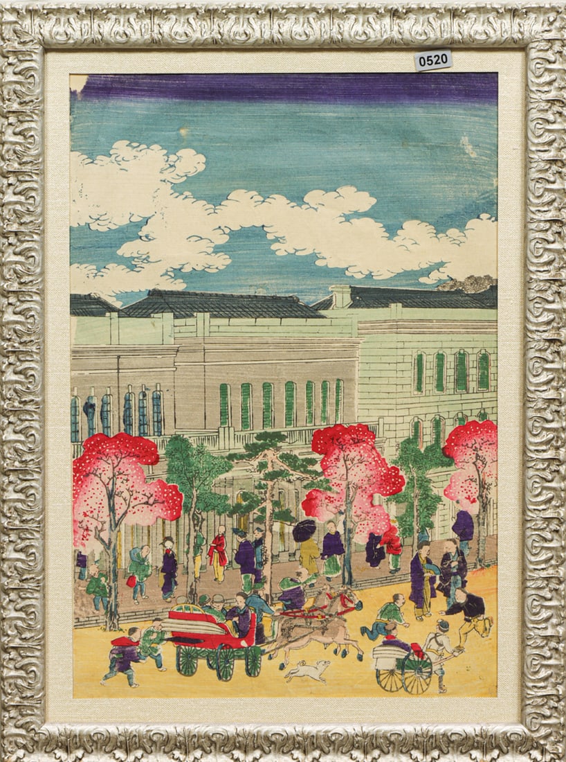 Kuniteru Utagawa - Shimashi Station: Kuniteru Utagawa - Shimashi Station. Woodblock print, ink and color on paper, framed and glazed, 13.75"h x 9.25"w.