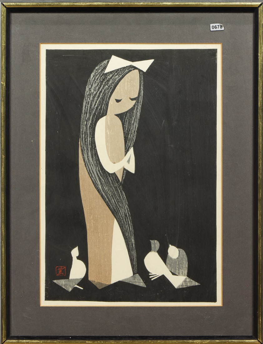 Kaoru Kawano - Girl and Doves: Kaoru Kawano - Girl and Doves. Woodblock print, ink and color on paper, sealed, framed and glazed, 15.5"h x 10.5"w of image.