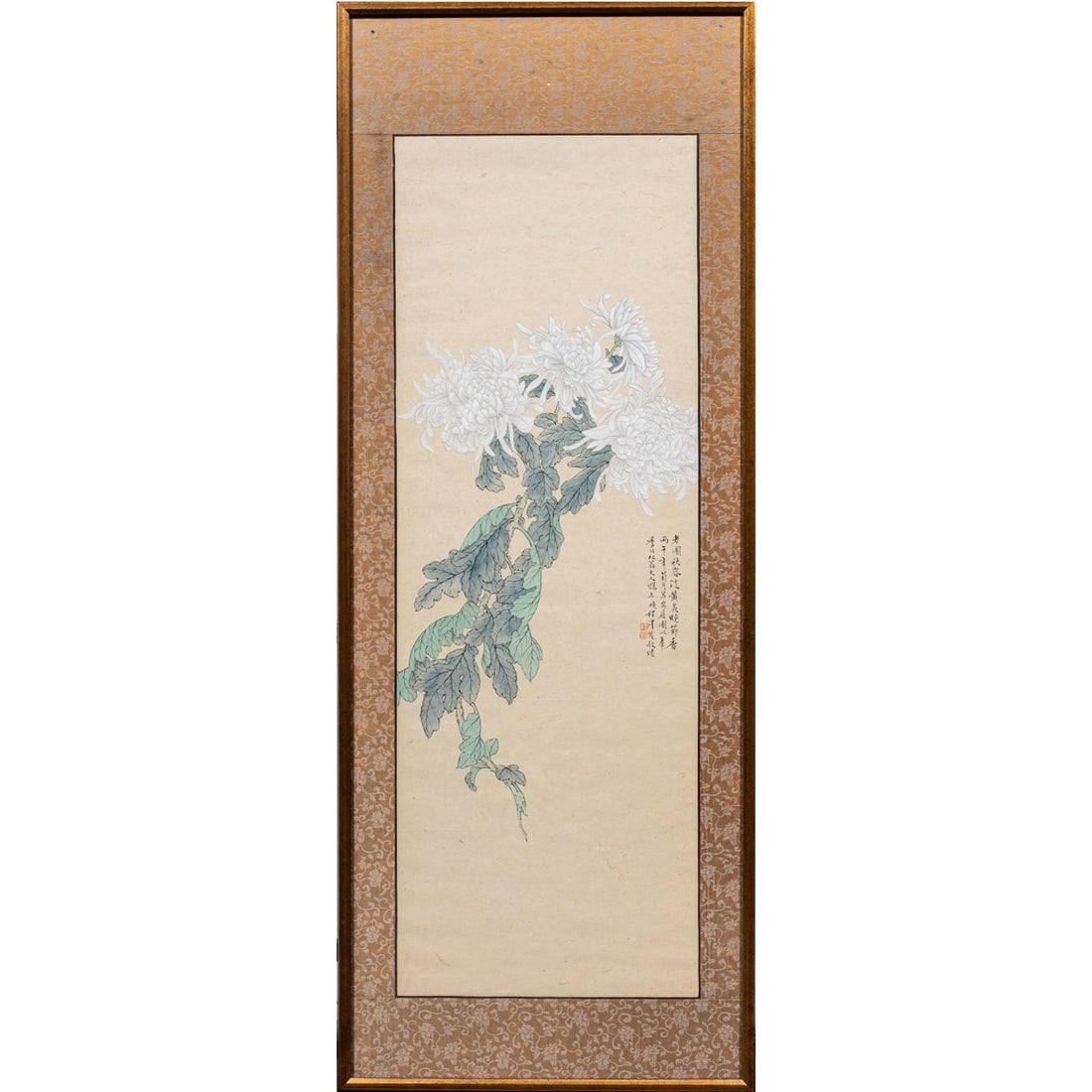 Cheng Zemo - Chrysanthemum: Cheng Zemo - Chrysanthemum. Ink and color on paper, inscribed, with two seals, framed and glazed, 35.25"h x 12.5"w.