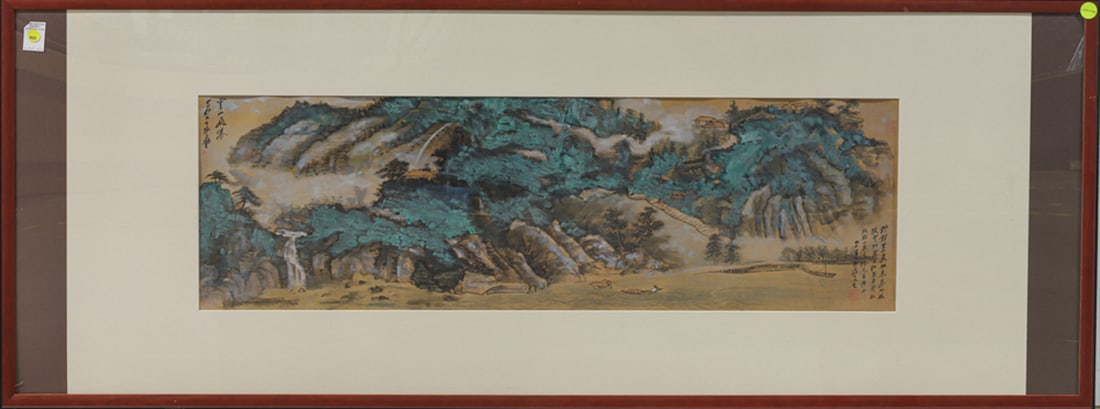 After Zhang Daqian - Landscape: After Zhang Daqian - Landscape. Ink and color on paper, inscribed, signed and sealed, framed and glazed, 13"h x 42"w.