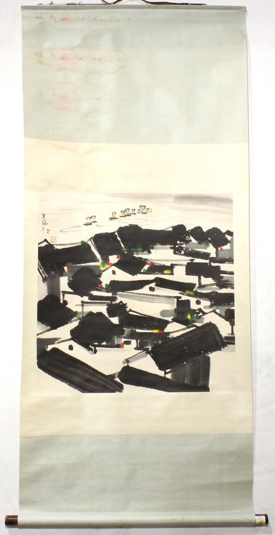 In the style of Wu Guanzhong (1919-2010) - Landscape: In the style of Wu Guanzhong (1919-2010) - Landscape. Hanging scroll, ink and color on paper, dated, signed and with one seal, 37"h x 26.5"w.