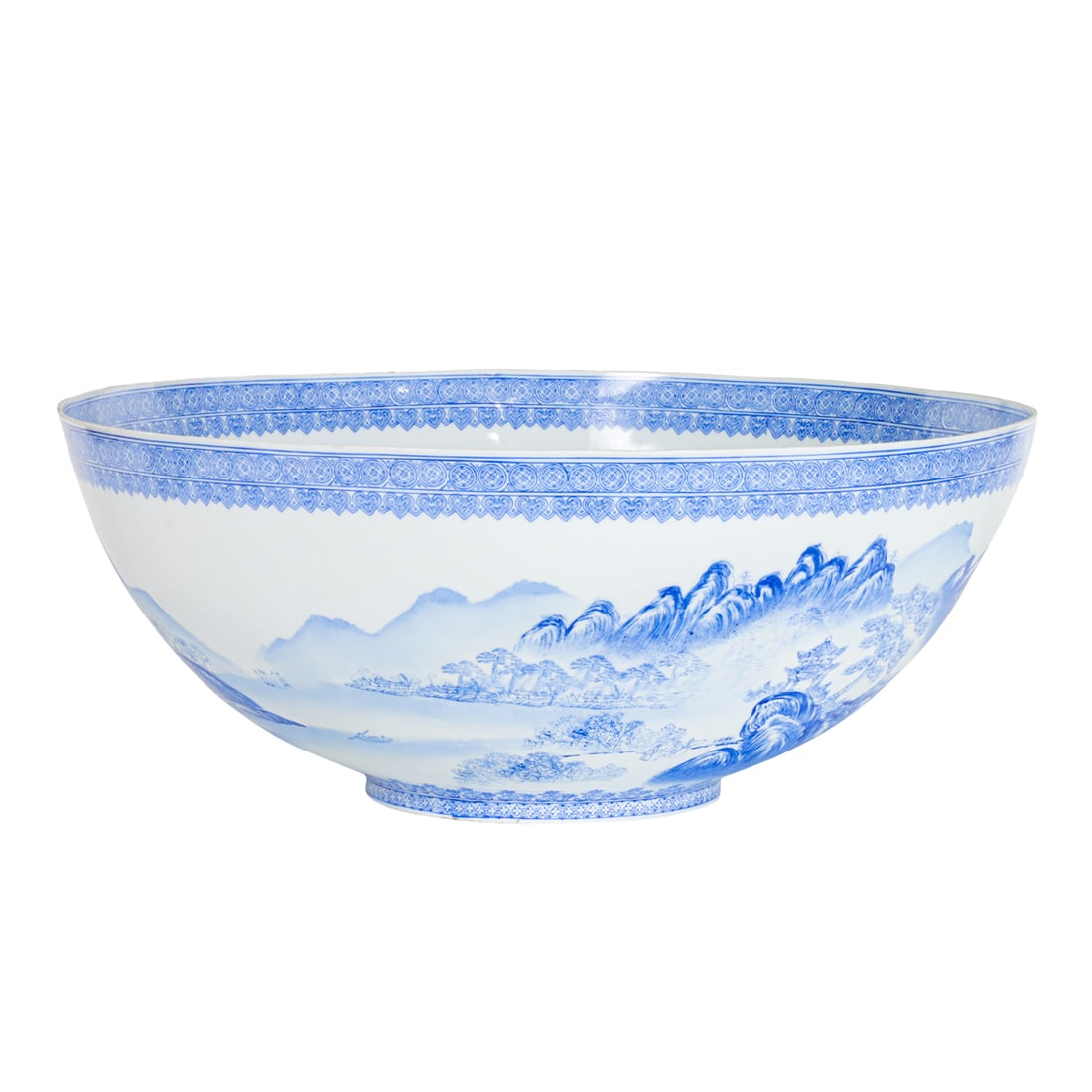 A Chinese blue enameled egg-shell porcelain punch bowl: A Chinese blue enameled egg-shell porcelain punch bowl. Depicting continuous mountainous landscape. bearing Jingdezhen six-character mark, 18.25" across.