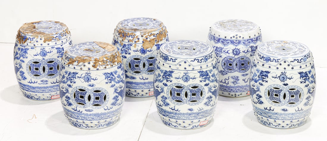 (lot of 6) Chinese blue and white 'dragon' garden seat form stands (1 of 1)
