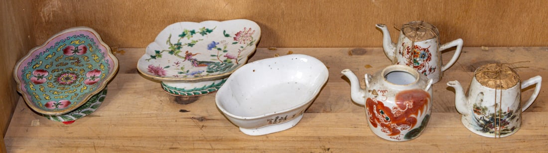 A group of Chinese famille rose teapots and altar bowls: A group of Chinese famille rose teapots and altar bowls. Republic period, 9" widest.
