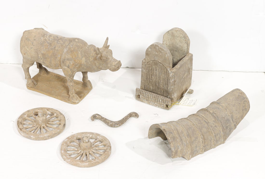 A Chinese pottery ox and cart: A Chinese pottery ox and cart. Possibly Northern Qi period, 13" widest.