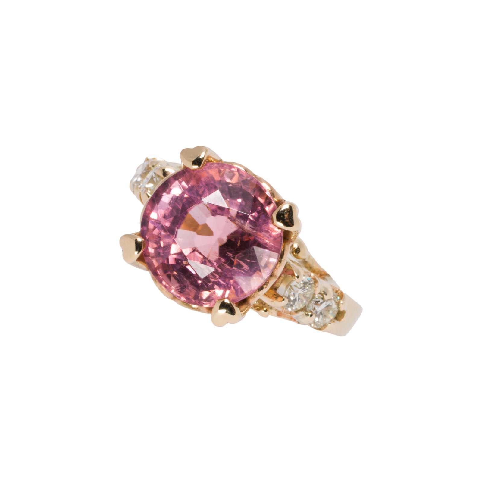 A pink tourmaline, diamond and 14k white gold ring: A pink tourmaline, diamond and 14k white gold ring Centering a circular-cut tourmaline weighing approximately 4.27 carats, with round brilliant-cut diamond; estimated total diamond weight: 0.40 carat;
