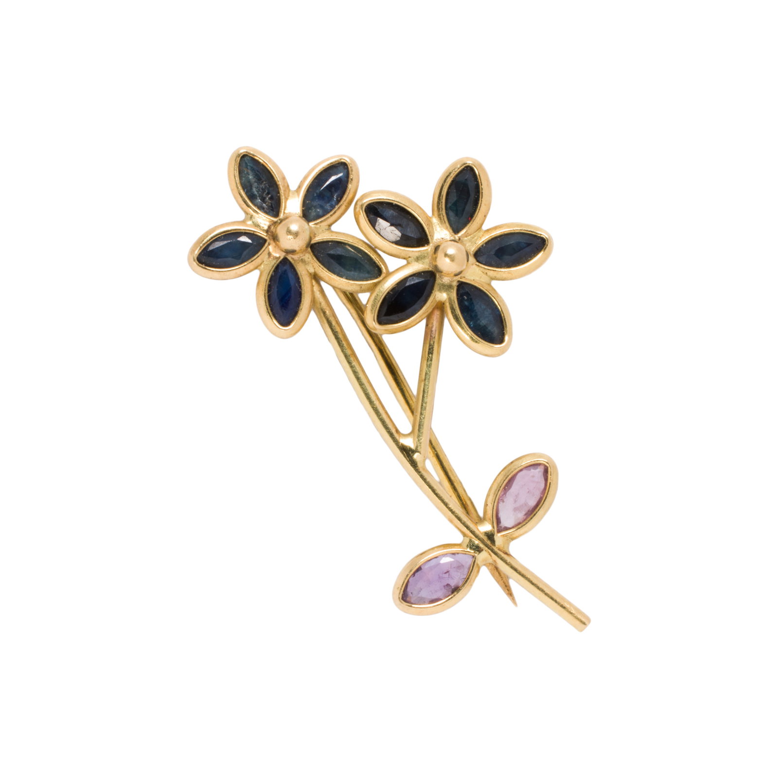 A sapphire and 18k gold brooch: A sapphire and 18k gold brooch designed as a flower with blue marquise-cut sapphire petals and pink sapphire leaves; estimated total sapphire weight: 0.60 carats: length: 1 in; 2.90 grams