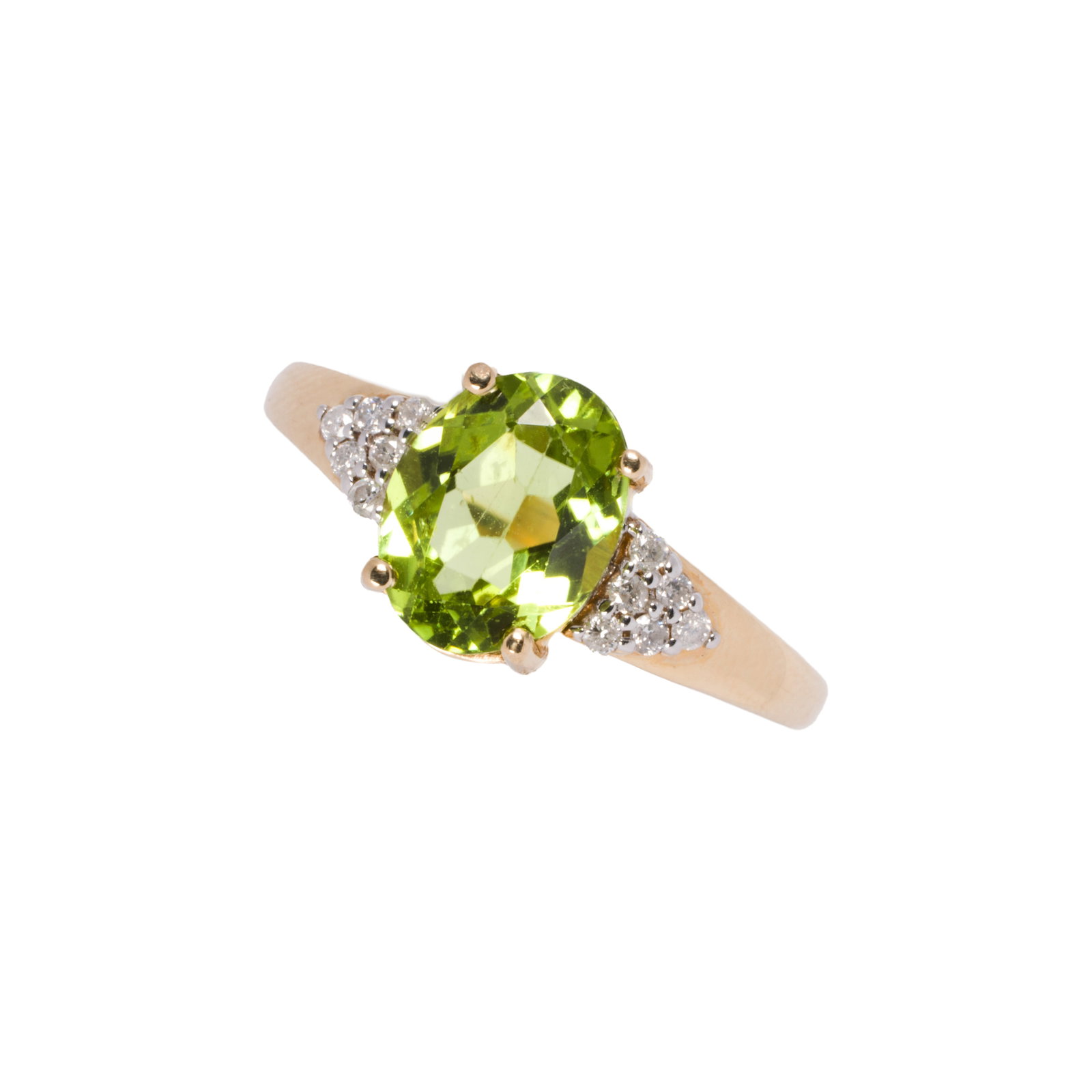 A peridot, diamond and 14k gold ring: A peridot, diamond and 14k gold ring centering a oval-cut peridot weighing approximately 1.98 carats, accented by round brilliant-cut diamonds; ring size: 7 1/4; 3.40 grams