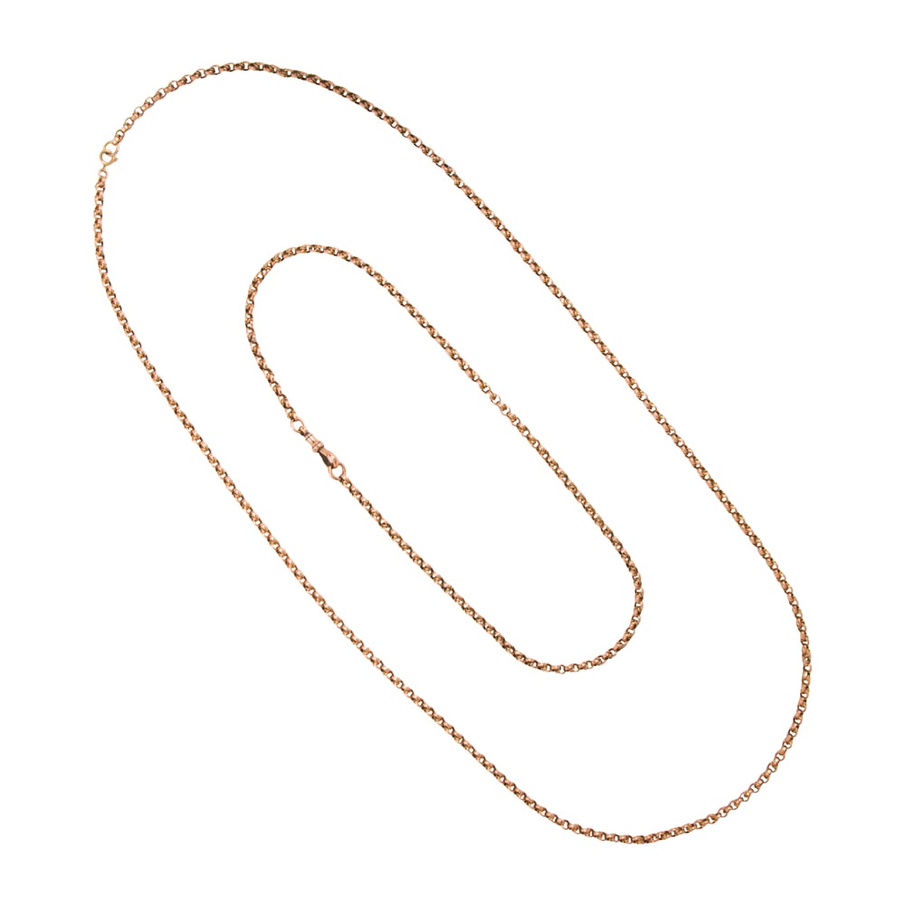 Two antique 9k rose gold rolo chains: Two antique 9k rose gold rolo chains one necklace and one watch chain; lengths: 30 and 16 in; gross weight: 23.05 grams