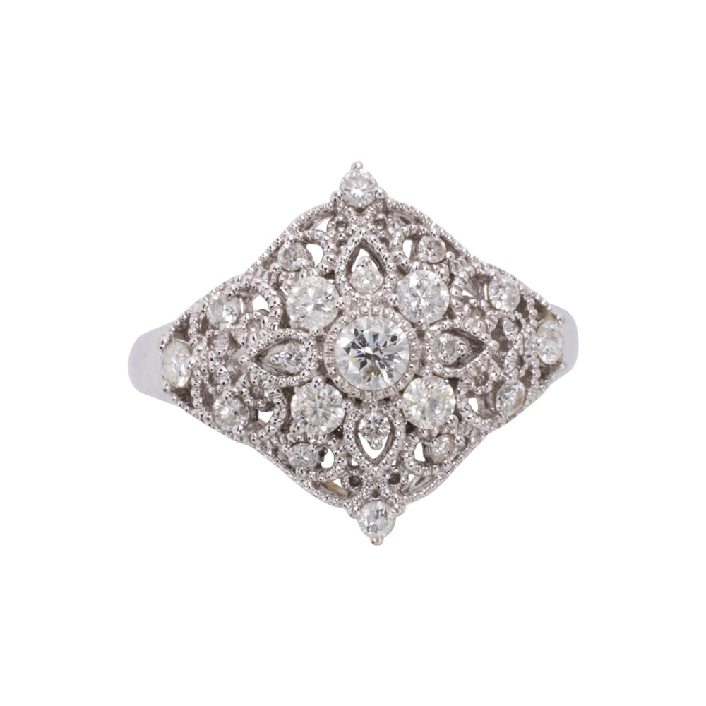 A diamond and 14k white gold ring: A diamond and 14k white gold ring Set with 21 round brilliant-cut diamonds weighing a total of approximately 1.05 carats; size 9 1/4; 5.40 grams
