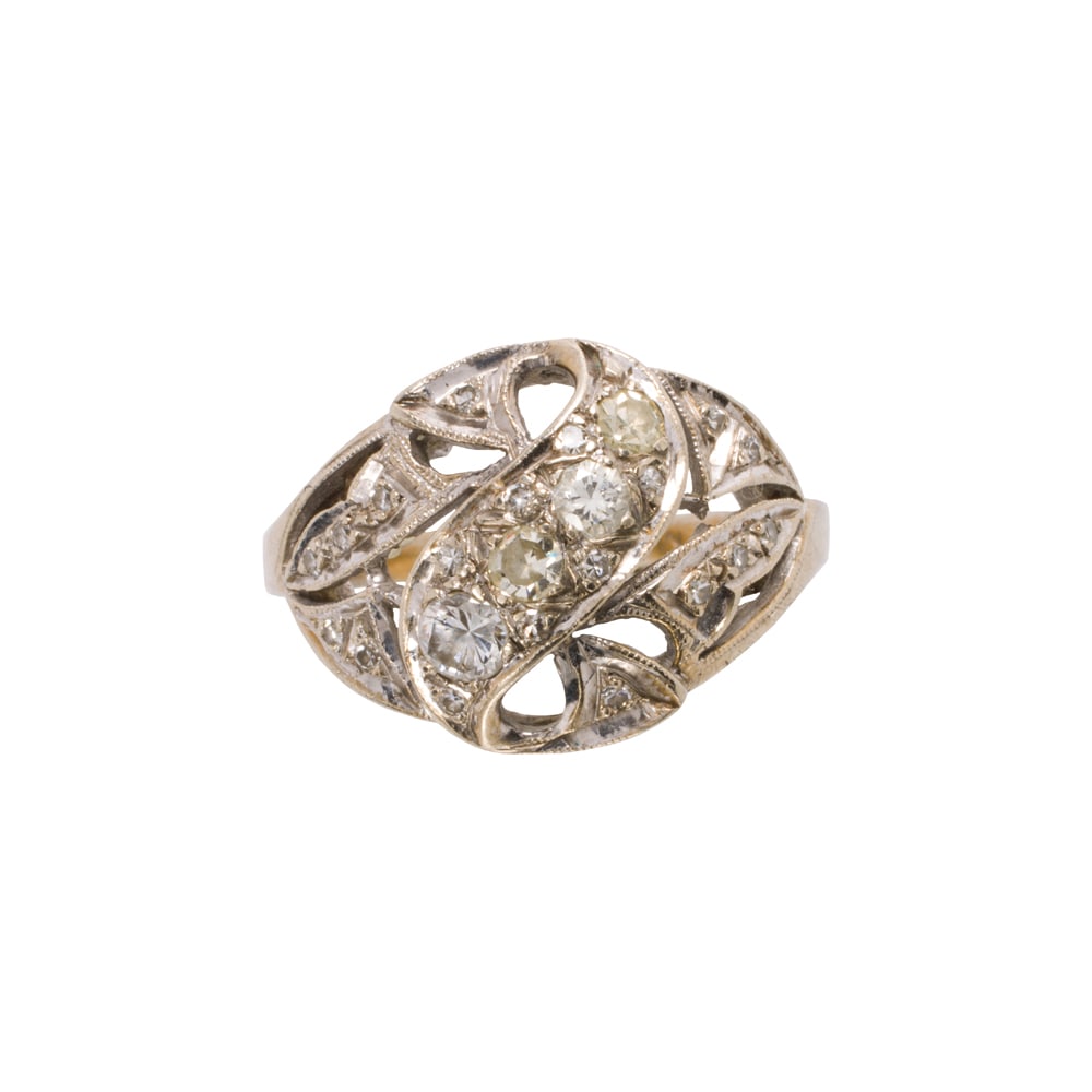 A diamond and 14k bi-color gold ring: A diamond and 14k bi-color gold ring Set with ten single and round brilliant-cut diamonds; estimated total diamond weight: 0.45 carat; size 4 1/2; 3.00 grams