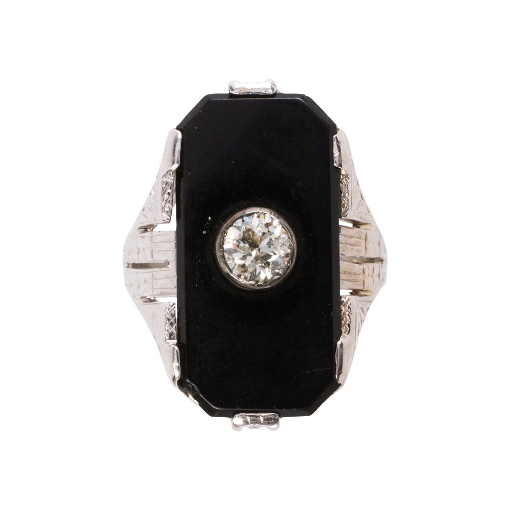 An antique onyx, diamond, and 18k white gold ring (1 of 2)