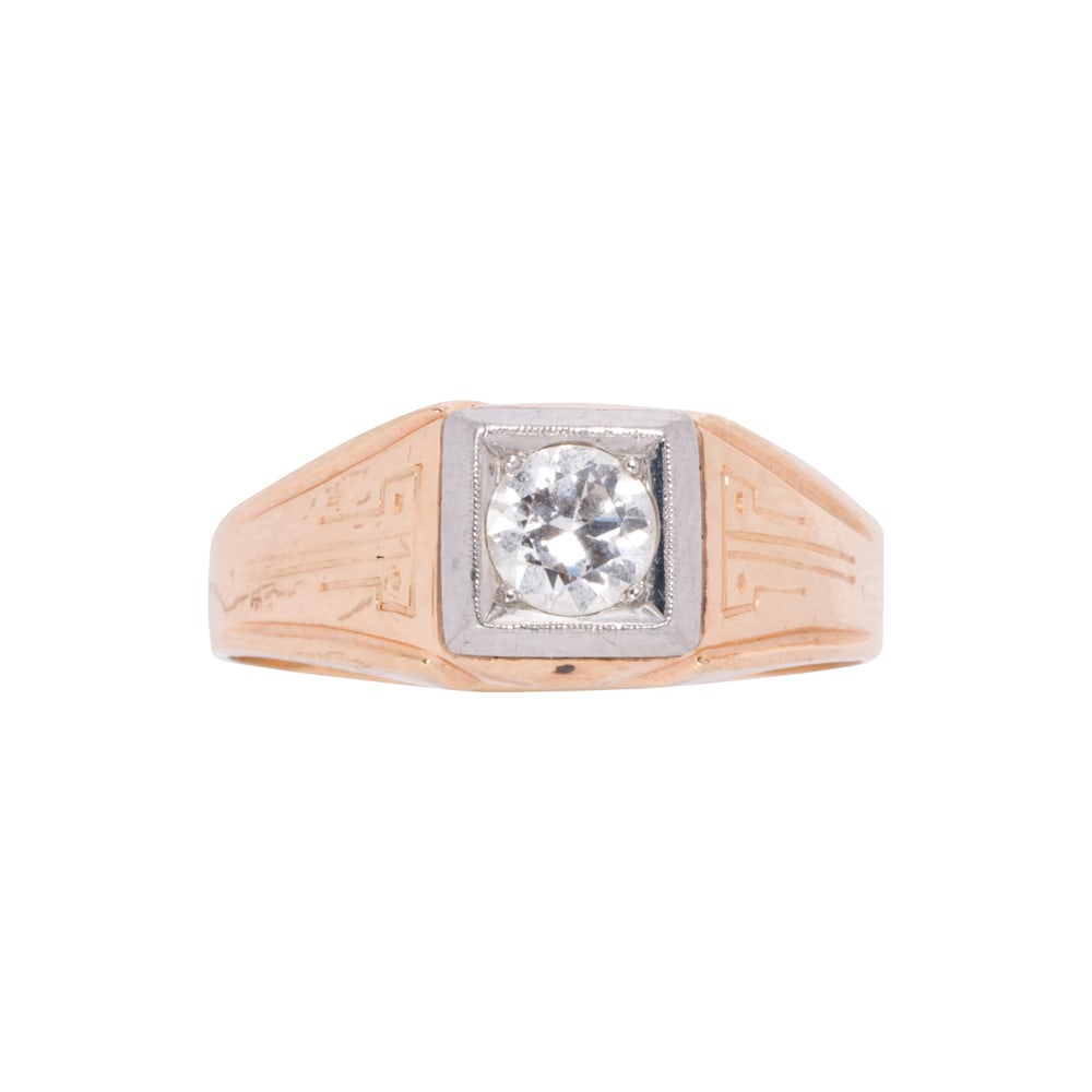 A diamond and 14k gold ring: A diamond and 14k gold ring Circa 1930's, set with one transitional-cut diamond weighing approximately 0.65 carat; size 12; 6.90 grams