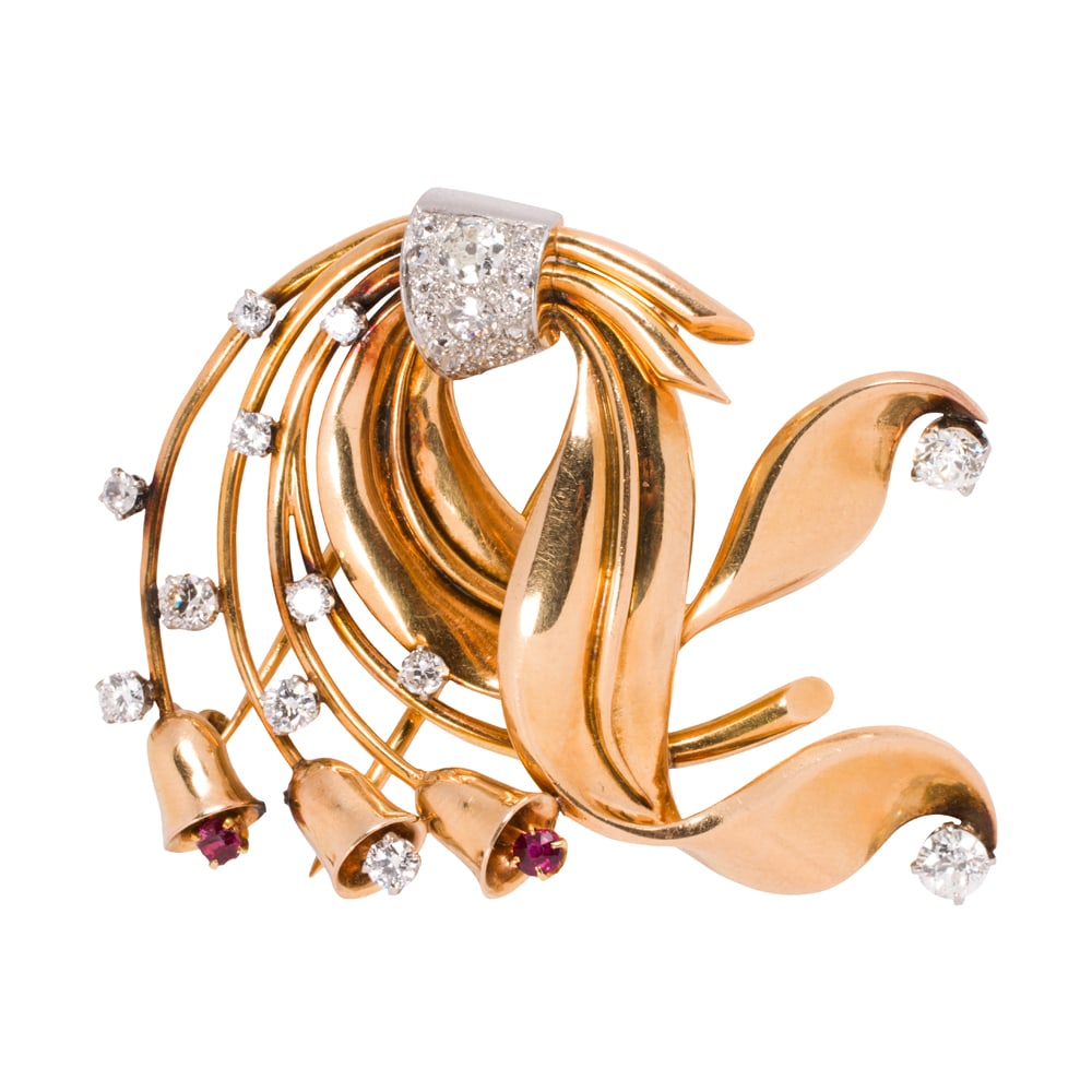 A Retro diamond, ruby and 18k bi-color gold clip brooch (1 of 1)