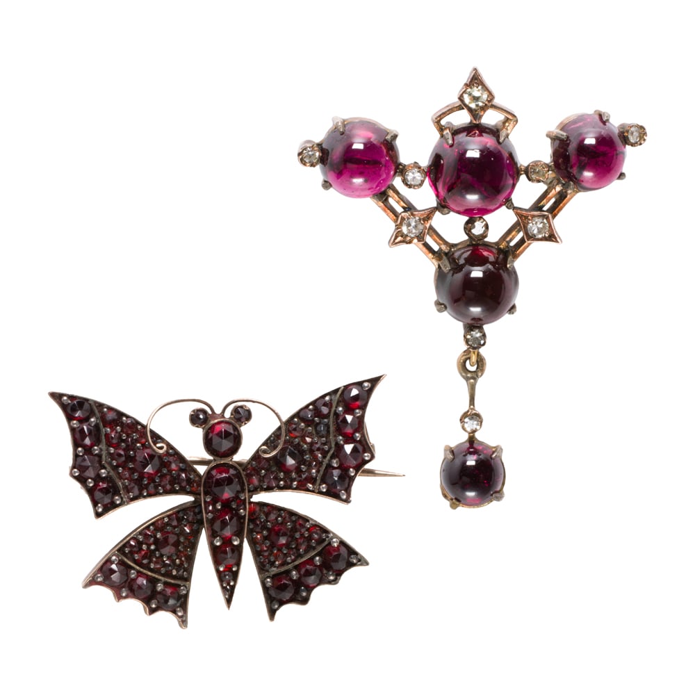 Two antique garnet, diamond and gilt metal brooches (1 of 1)