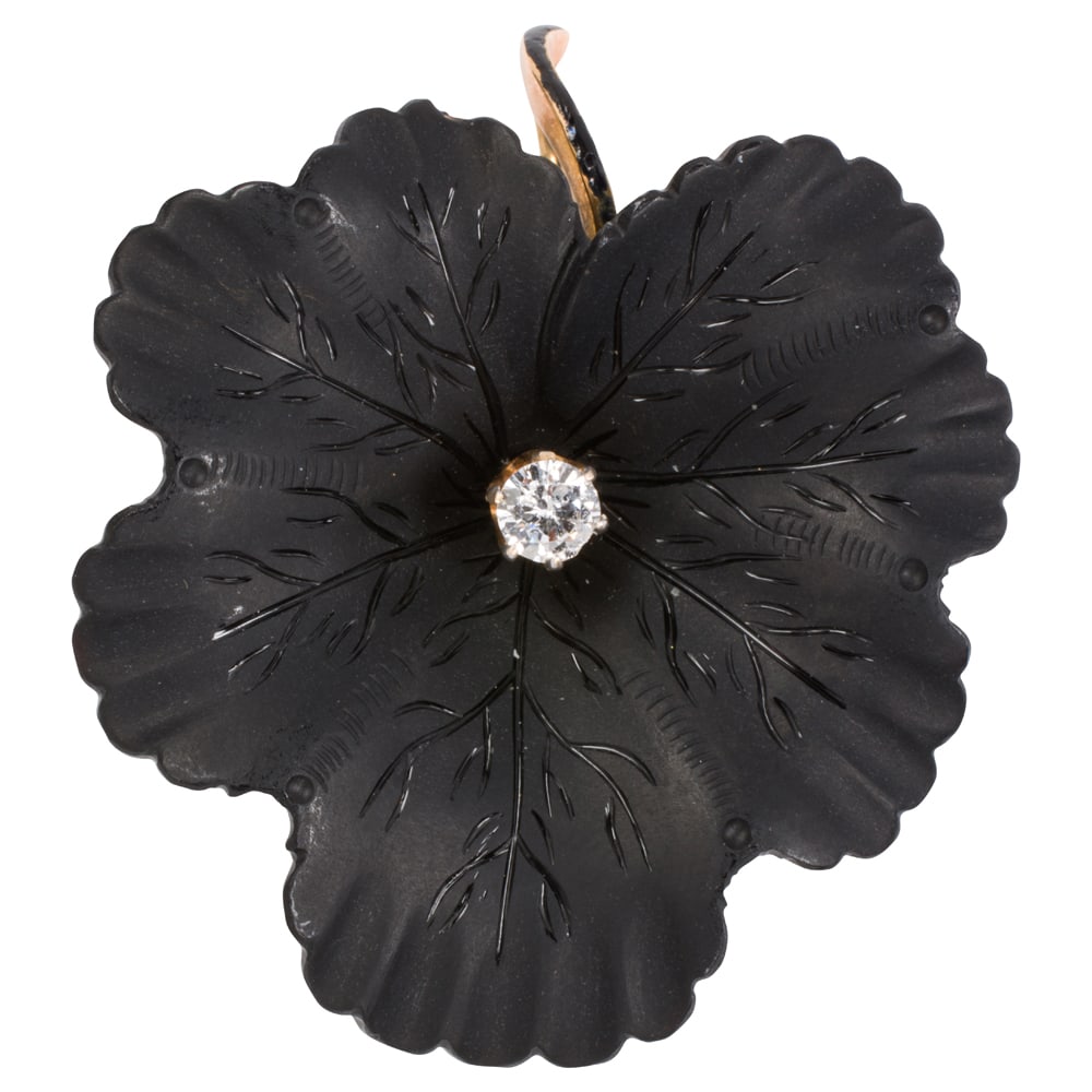 A Victorian onyx, diamond, enamel and 12k gold pansy mourning pendant (1 of 2)