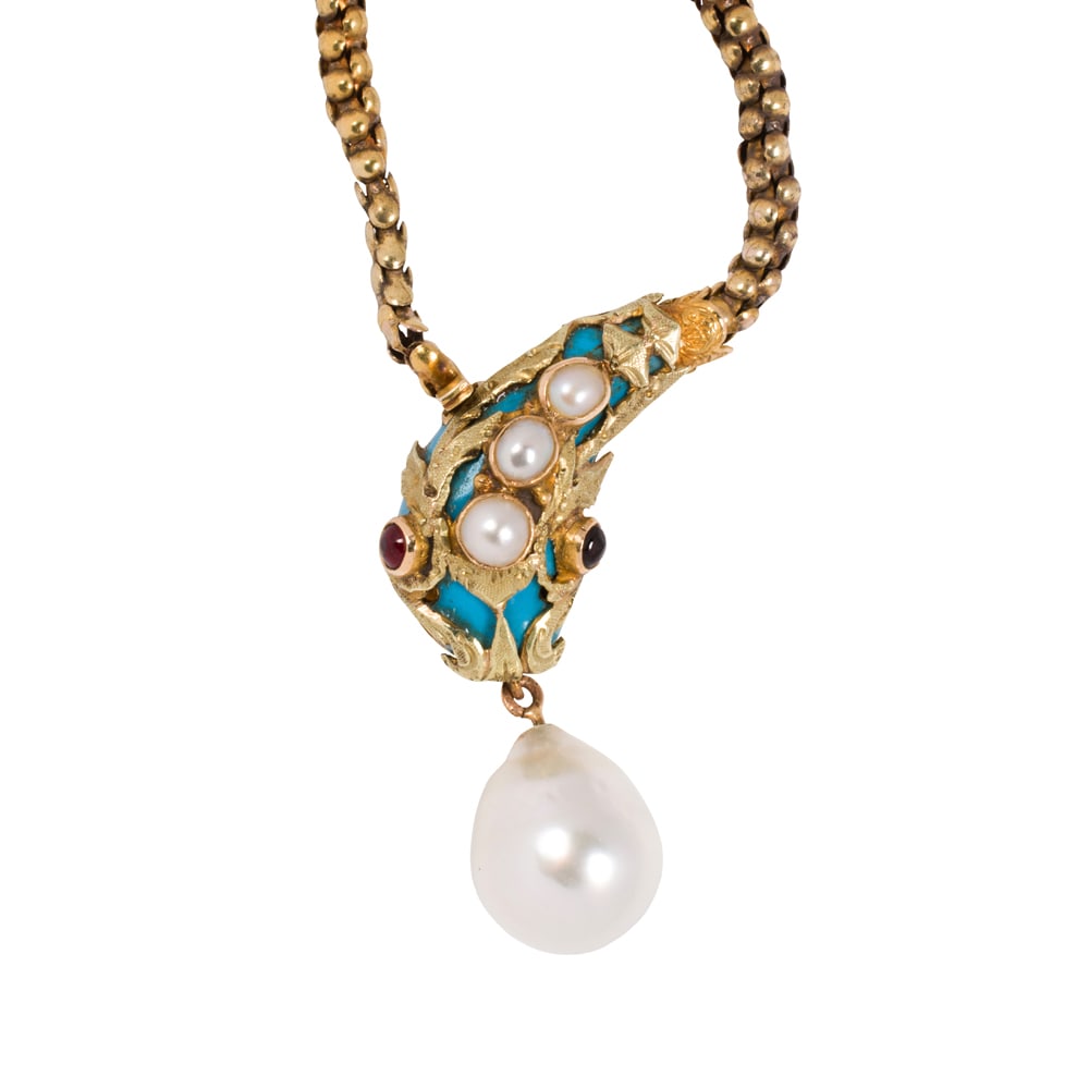 A Victorian enamel, cultured pearl, garnet, and 14k gold snake necklace (1 of 2)