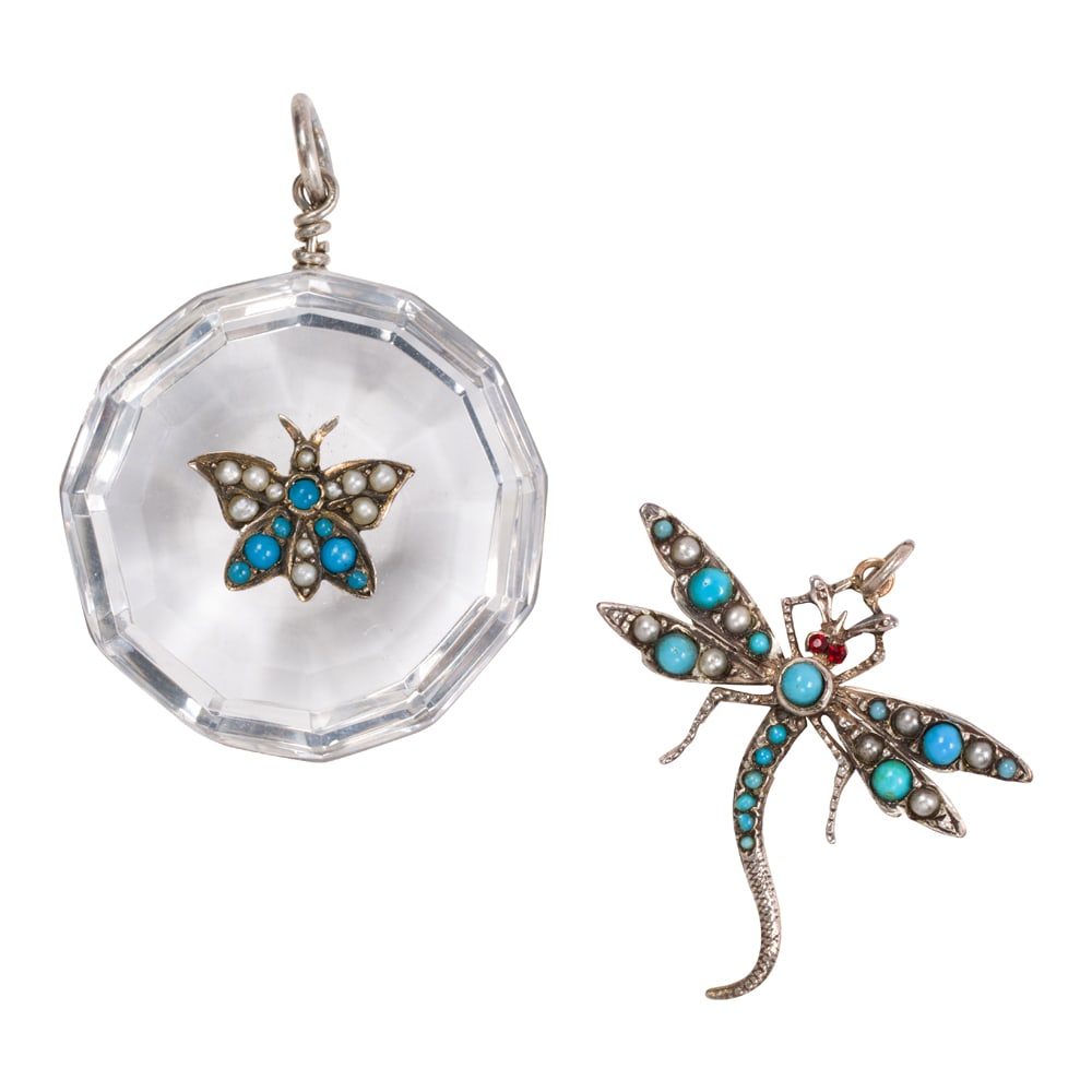Two turquoise, seed pearl, and silver insect pendants: Two turquoise, seed pearl, and silver insect pendants One antique faceted rock crystal set with a turquoise, seed pearl, and silver butterfly motif, together with a seed pearl, turquoise and silver dr