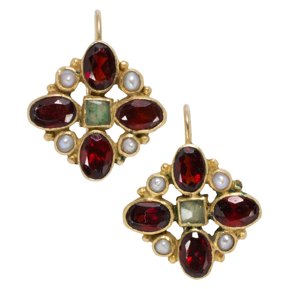 A pair of garnet, cultured pearl, and hardstone earrings: A pair of garnet, cultured pearl, and hardstone earrings Featuring four oval-cut garnets measuring approximately 5.55 x 4.19 x 3.65 mm, interspersed by cultured pearls measuring 2.52 mm, arranged arou