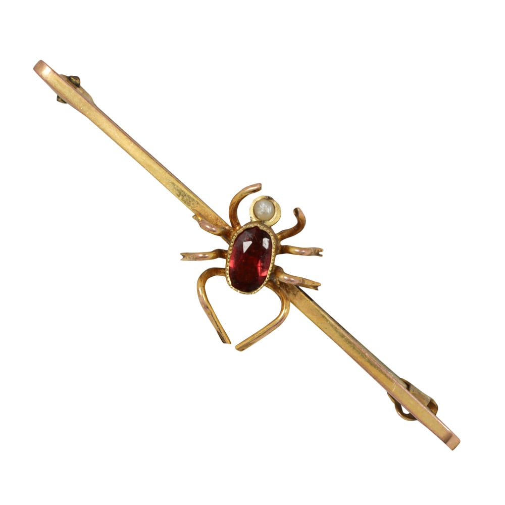 A Victorian garnet, seed pearl, and 9k gold spider pin (1 of 1)