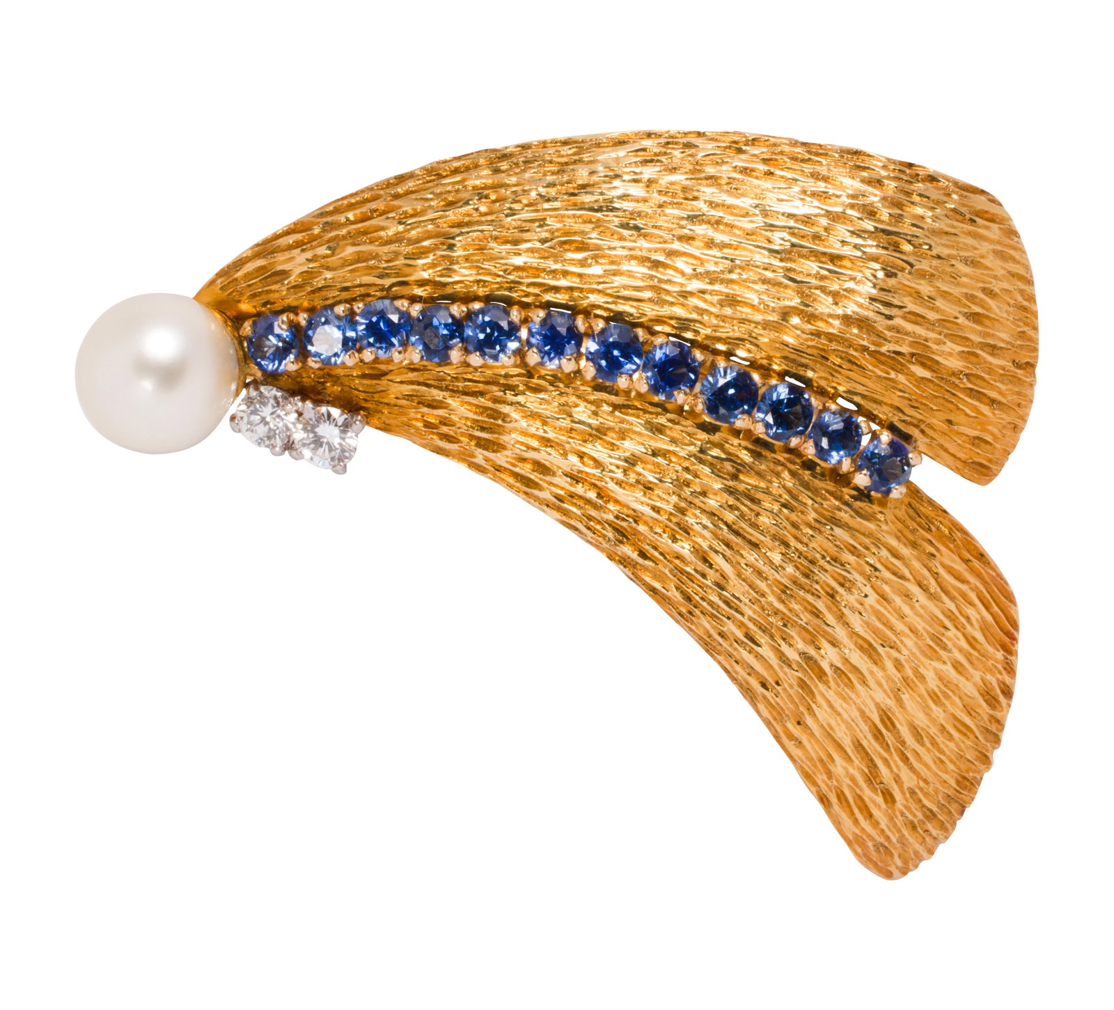 A sapphire, cultured pearl, diamond, and 18k gold brooch: A sapphire, cultured pearl, diamond, and 18k gold brooch Featuring 12 round-cut sapphires weighing a total of approximately 0.70 carat, accented by two round brilliant-cut diamonds and one cultured pe