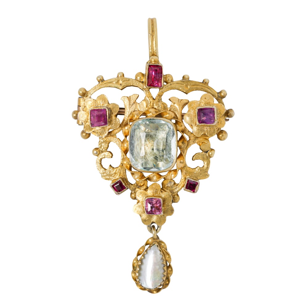 An antique quartz, ruby, mother-of-pearl and 14k gold pendant-brooch (1 of 1)