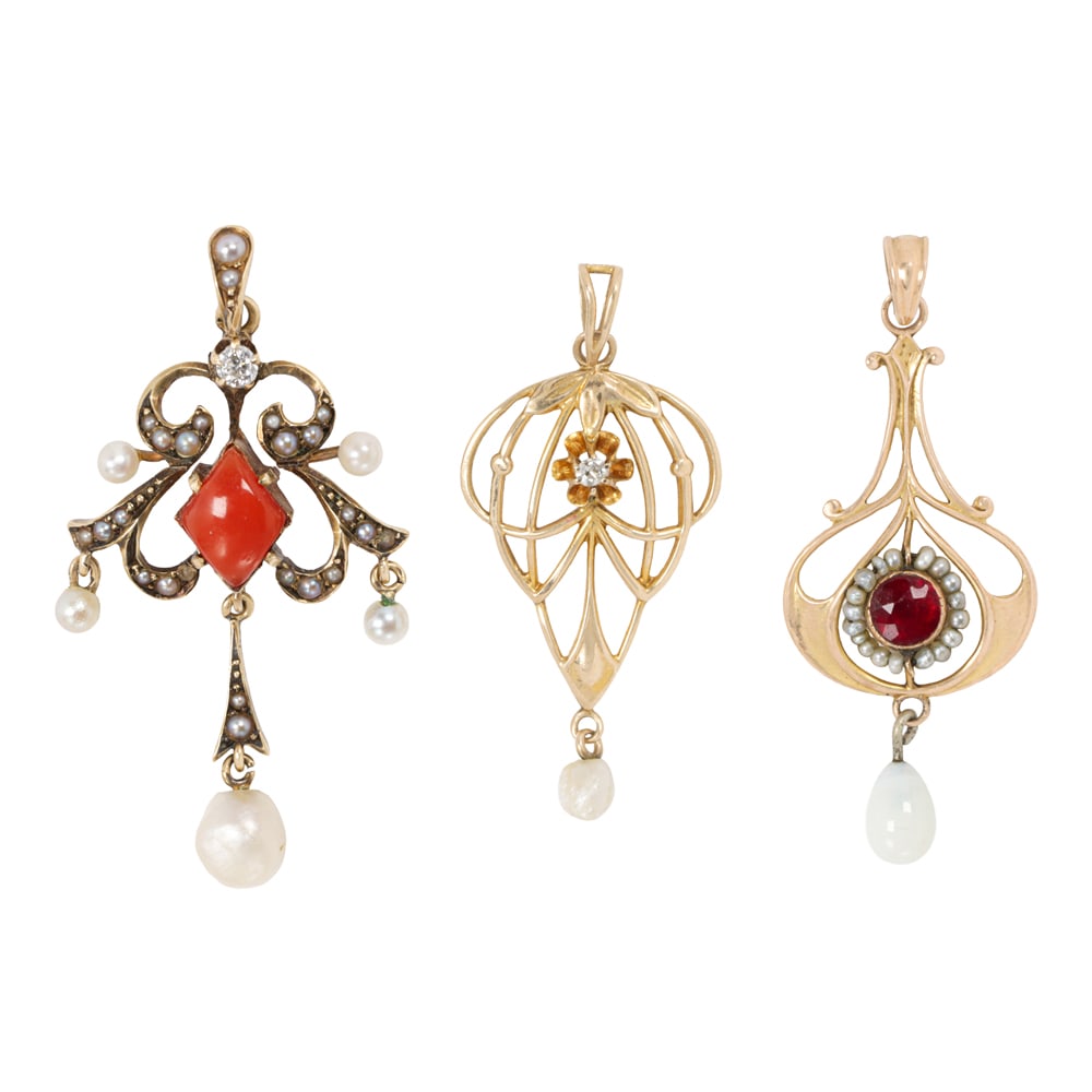 Three Art Nouveau gem-set and gold lavalier pendants (1 of 1)