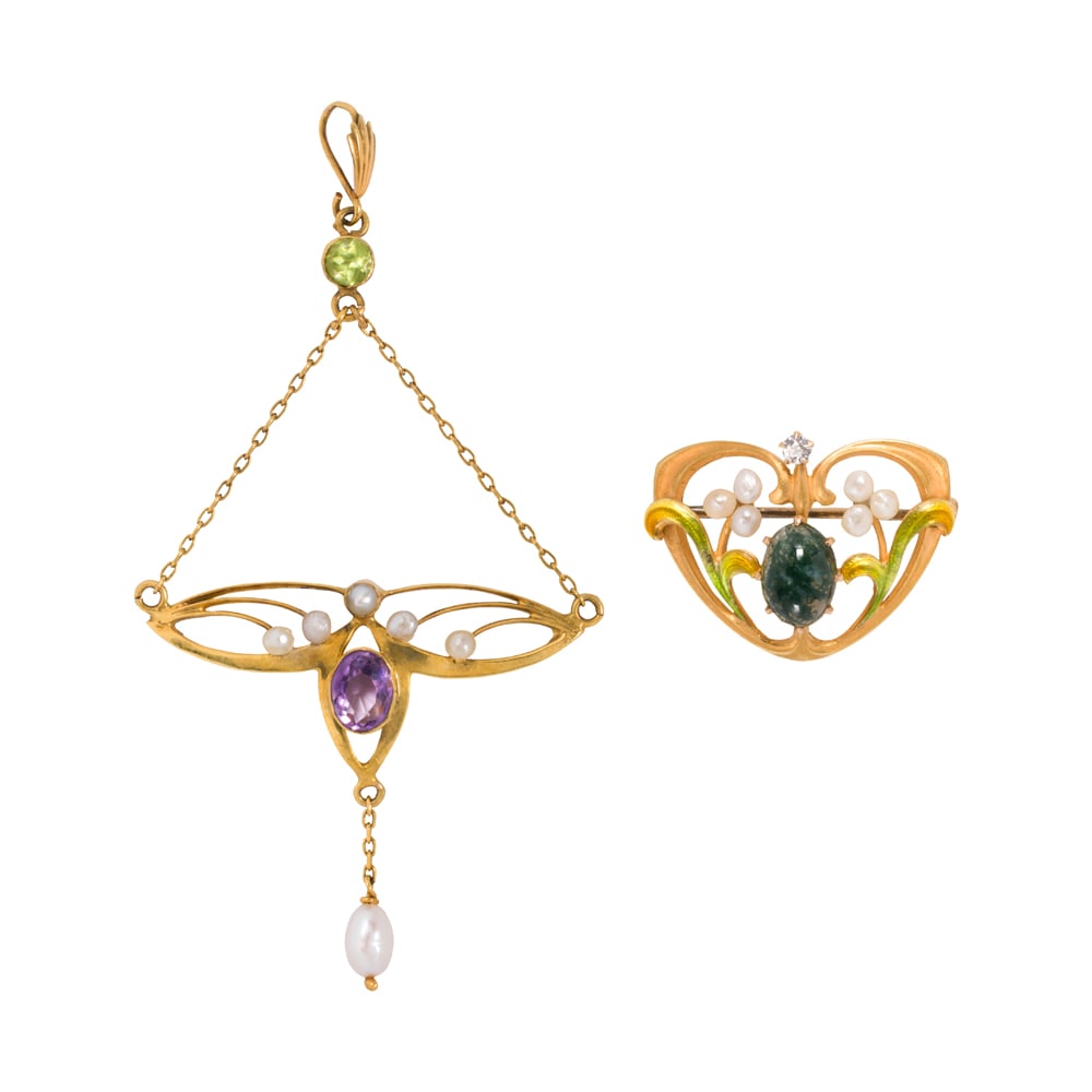 An Art Nouveau gem-set and gold pendant and brooch (1 of 1)
