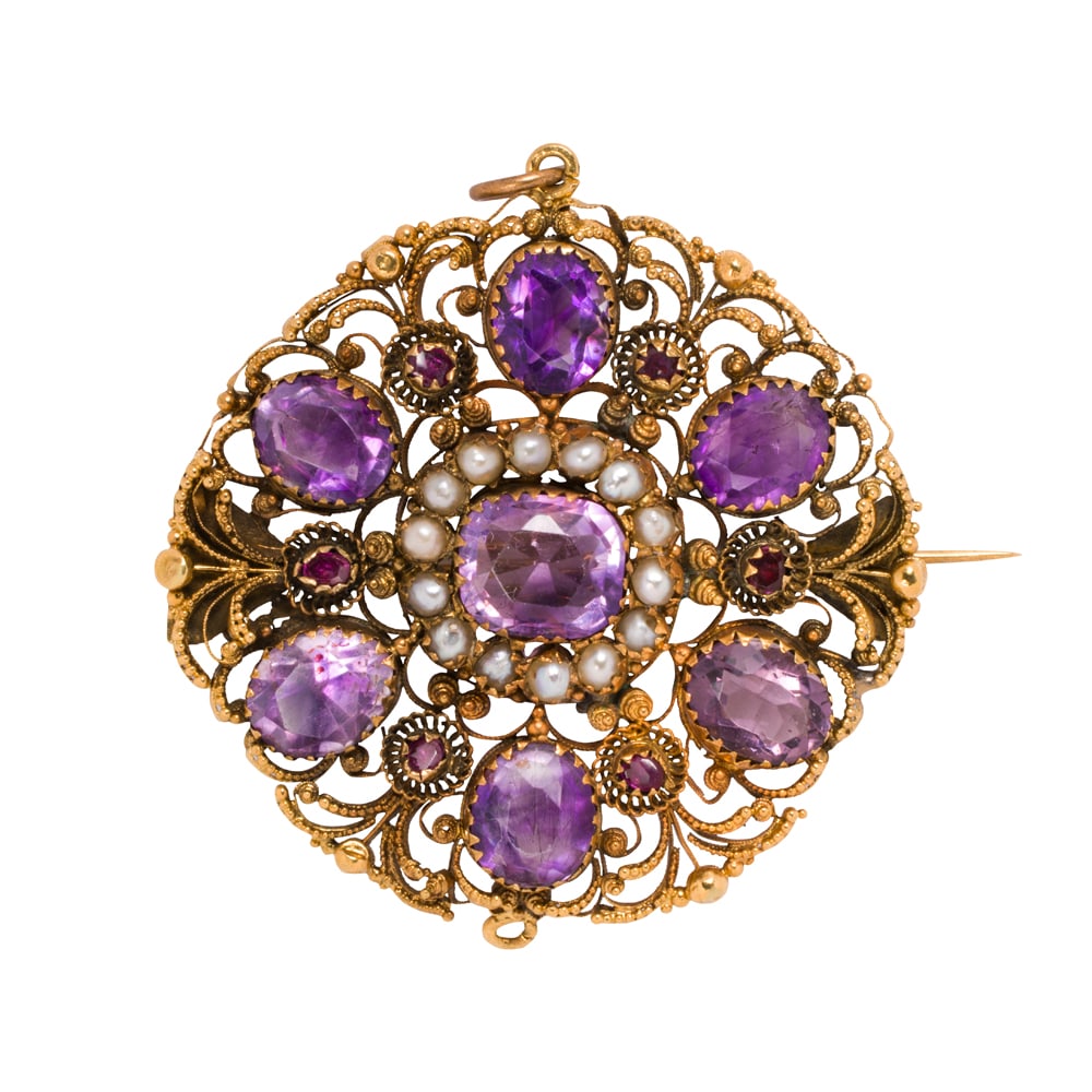 An antique amethyst, seed pearl, ruby, and 14k gold brooch-pendant (1 of 1)