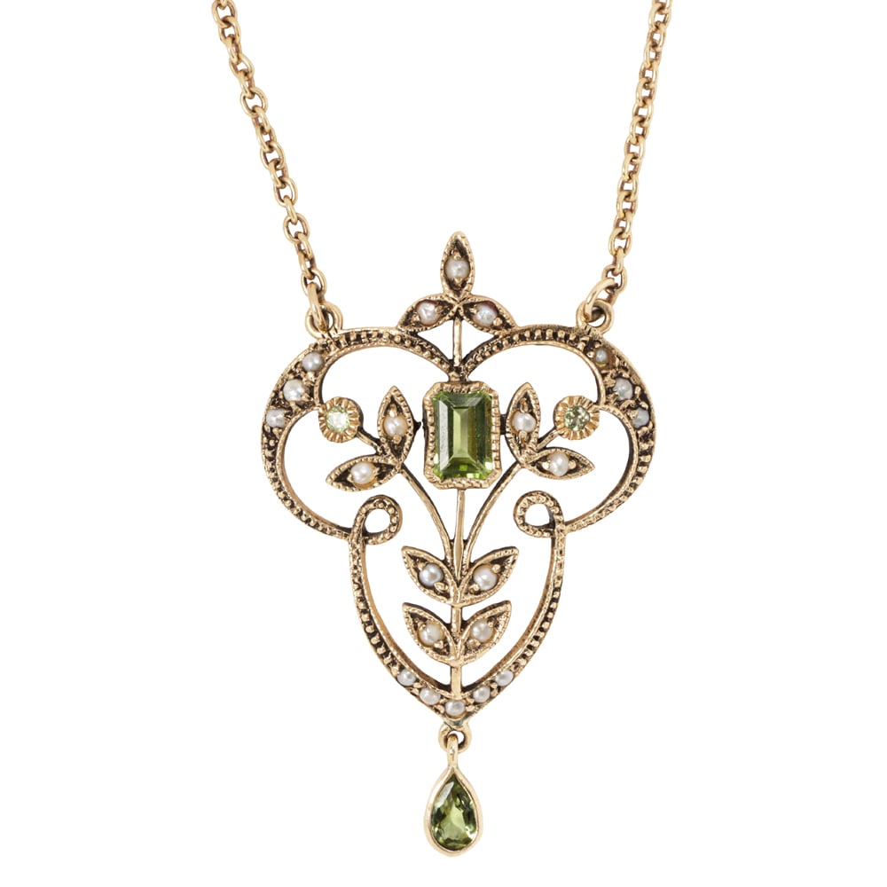 An antique peridot, seed pearl and 9k gold lavalier necklace (1 of 2)