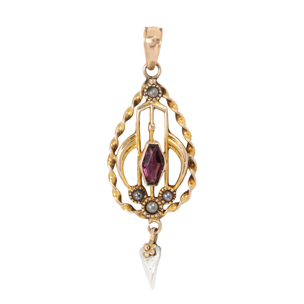 An antique Ostby & Barton garnet, river pearl, and 10k gold pendant (1 of 1)