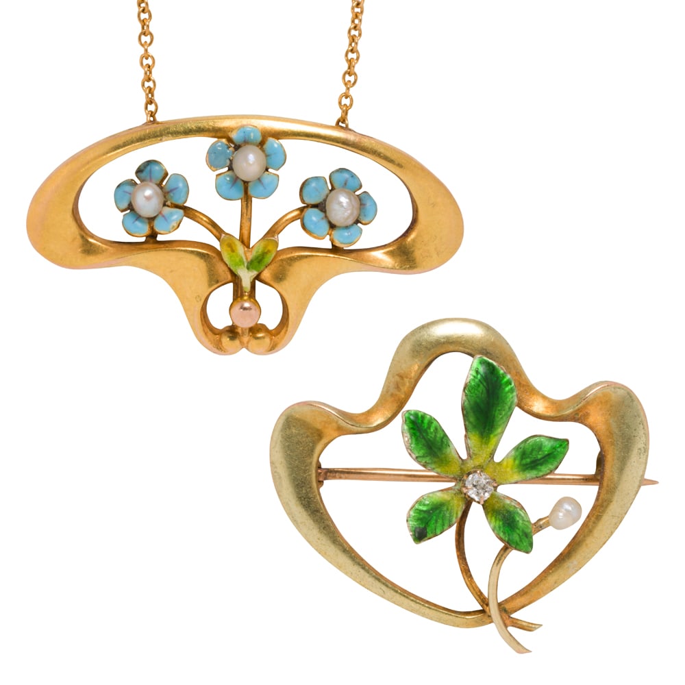 An antique enamel, seed pearl, 14k gold, and gold-filled pendant necklace and pin (1 of 2)