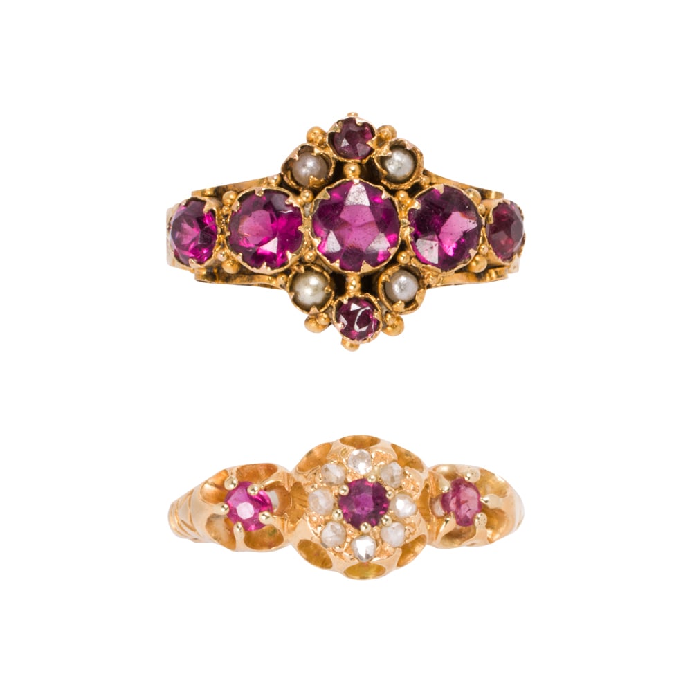Two antique gem-set and gold rings: Two antique gem-set and gold rings Comprising one 15k gold ring set with seven round-cut garnets, accented by seed pearls and intricate filigree, together with one 18k gold ring set with three
