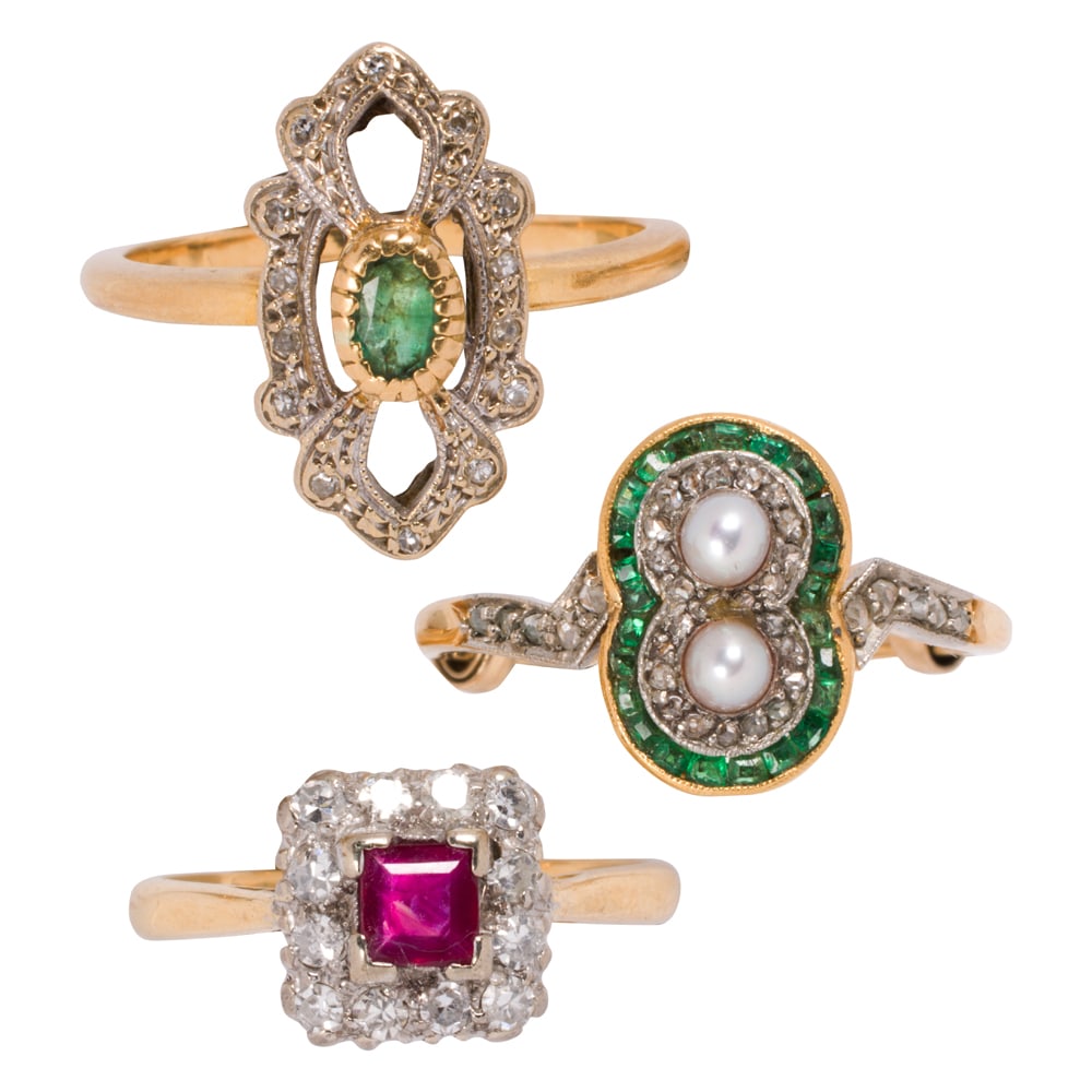 Three gem-set and bi-color gold rings (1 of 2)