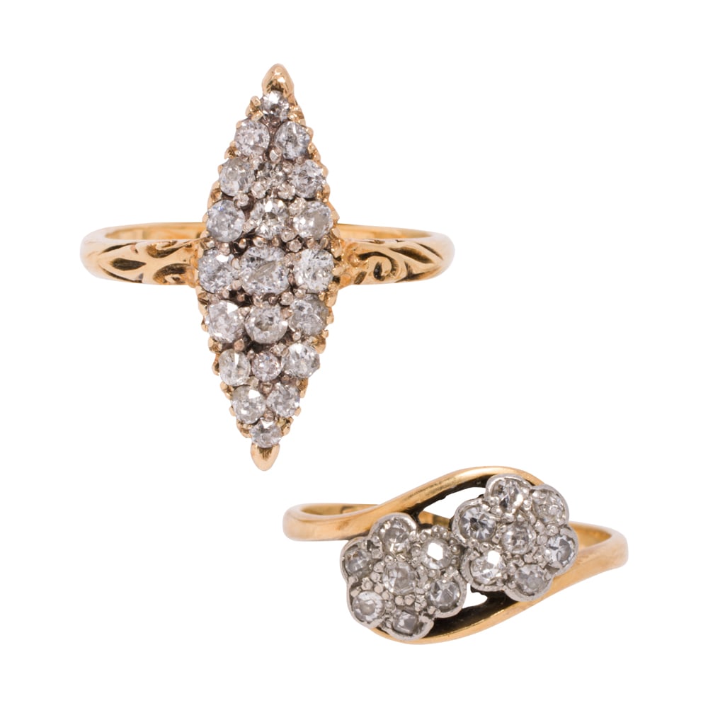 Two antique diamond and gold rings: Two antique diamond and gold rings Featuring one 14k gold ring of navette-style, set with 21 old mine-cut diamonds, together with one 18k gold ring of bypass design, set with seven single-cut