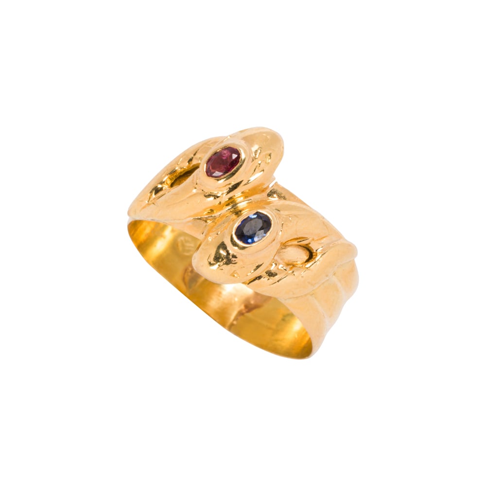 A ruby, sapphire, and 18k gold snake ring - 2