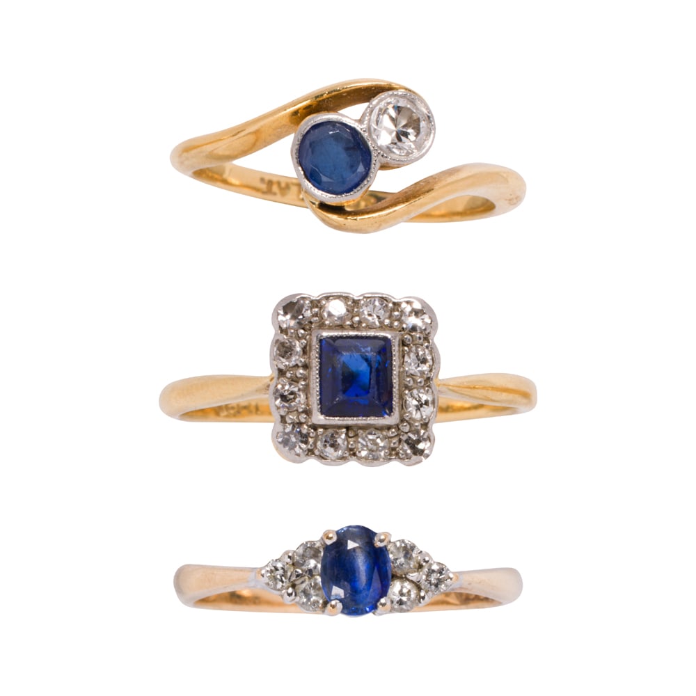 Three sapphire, diamond, and 9k bi-color gold rings (1 of 2)