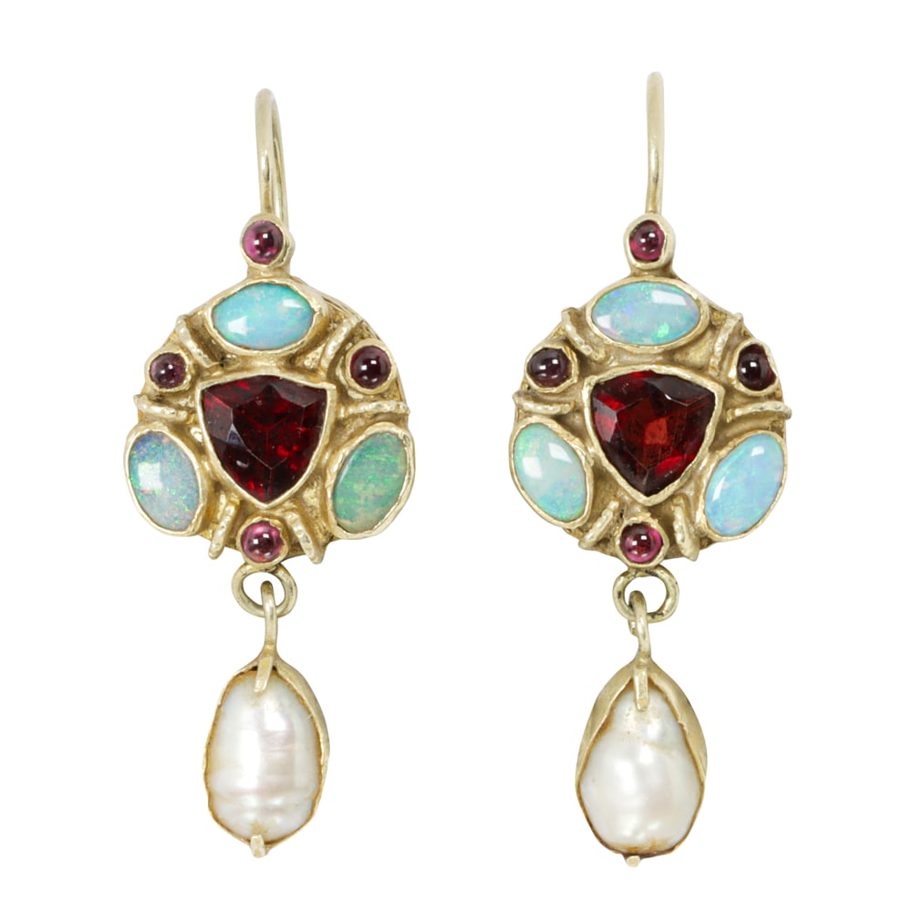 A pair of opal, cultured pearl, glass, and 14k gold earrings (1 of 1)