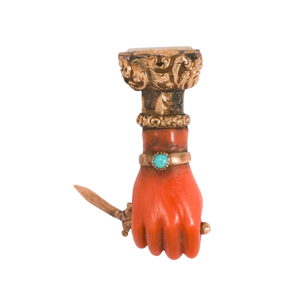 A Victorian coral, turquoise and gold-filled figa seal (1 of 2)
