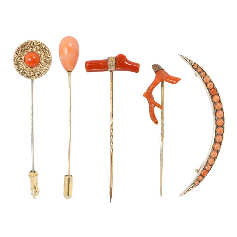 Five antique coral, 14k gold, and silver pins (1 of 1)