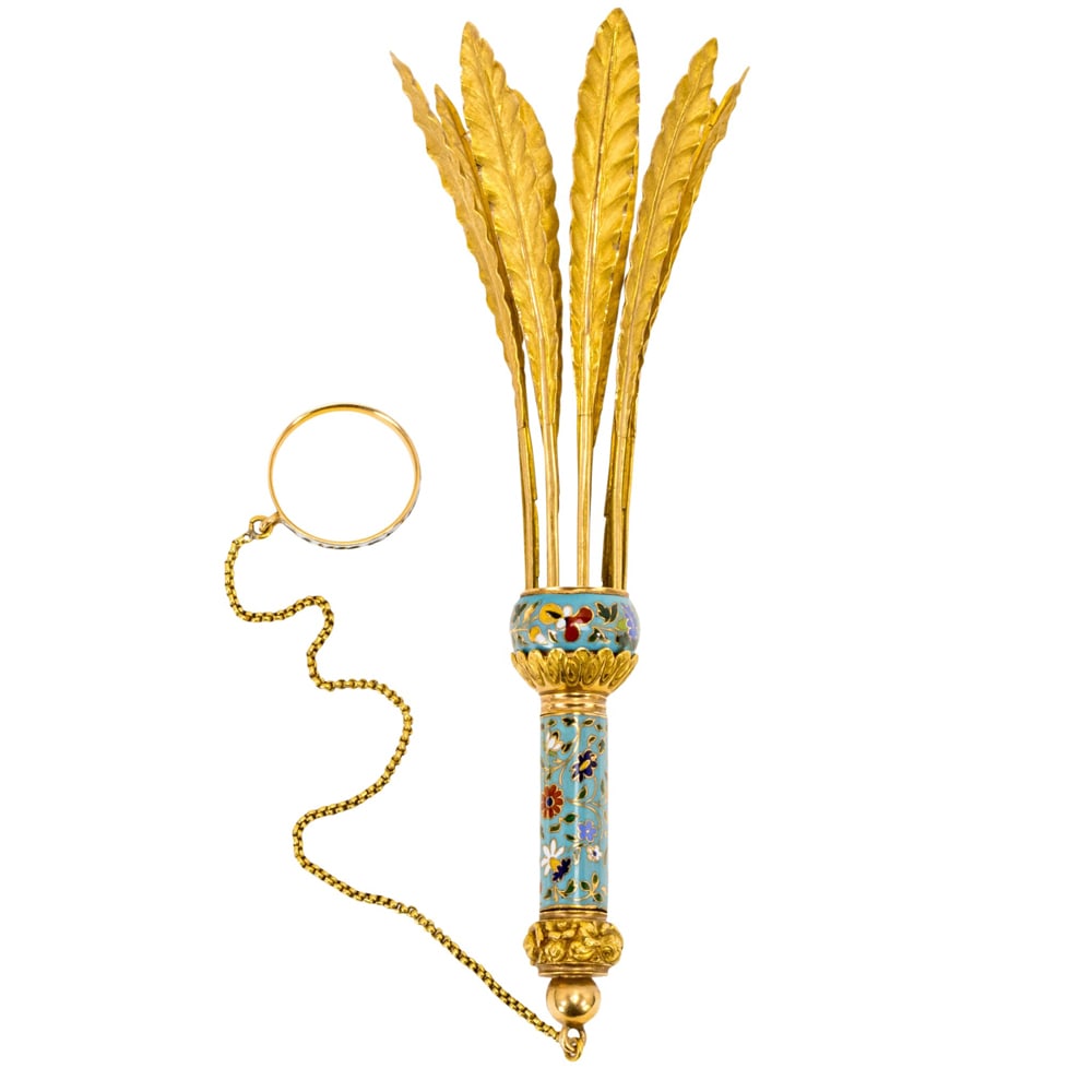 An English 14k gold and enamel decorated posy holder in case (1 of 6)
