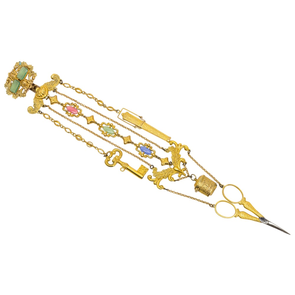 A French gilt metal chatelaine with glass cabochons (1 of 6)