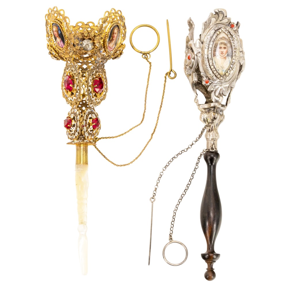 Two European posey holders with paste jewels and portrait miniatures: Two European posey holders with paste jewels and portrait miniatures, circa 1870, the first possibly Russian in silver plate with miniature portrait encircled by on wood handle, the second gilt metal 