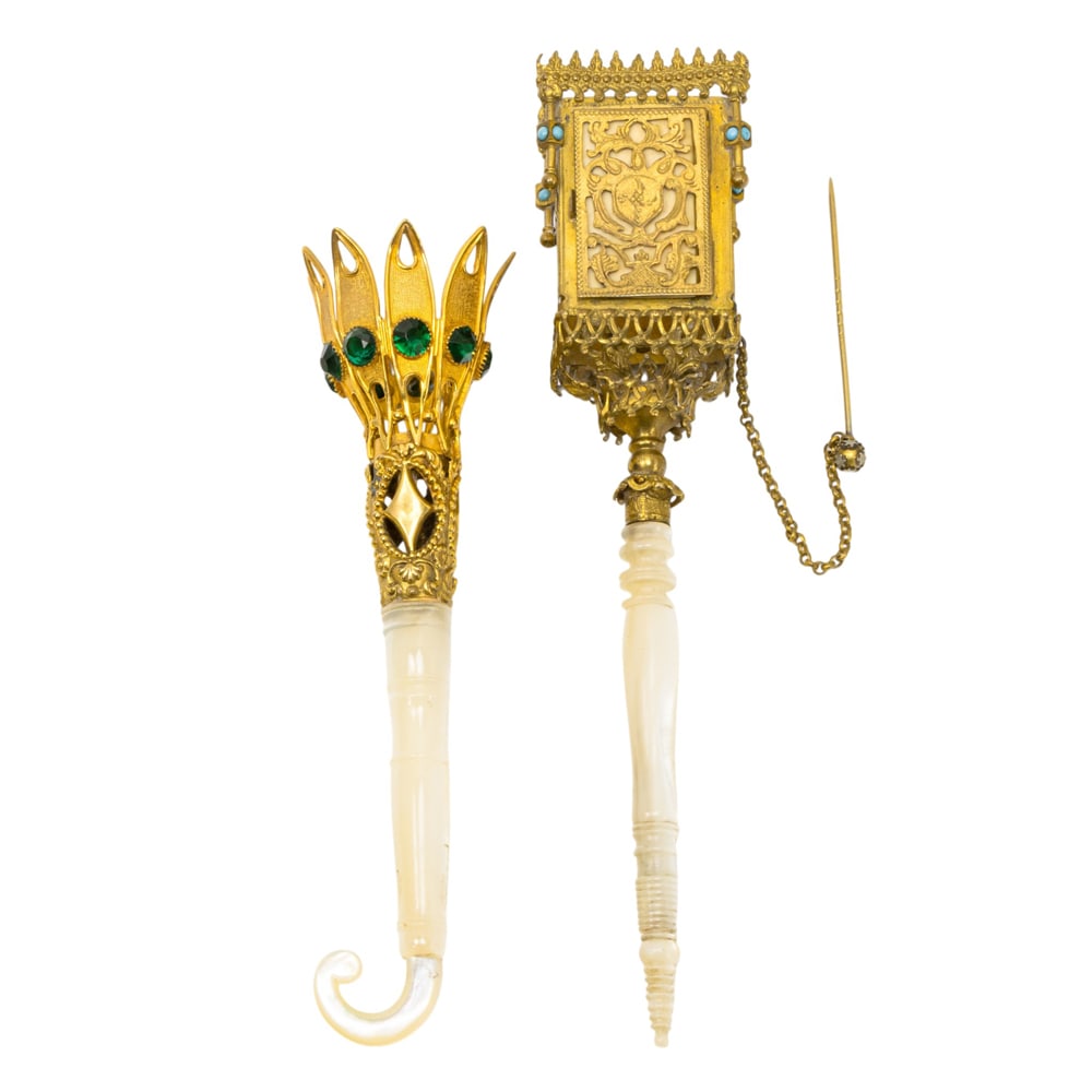 Two French or English gilt metal posy holders or tussie mussies: Two French or English gilt metal posy holders or tussie mussies, circa 1870-1880, the first English Gothic form with flirting mirror and dance card holder; the second French with green paste jewels