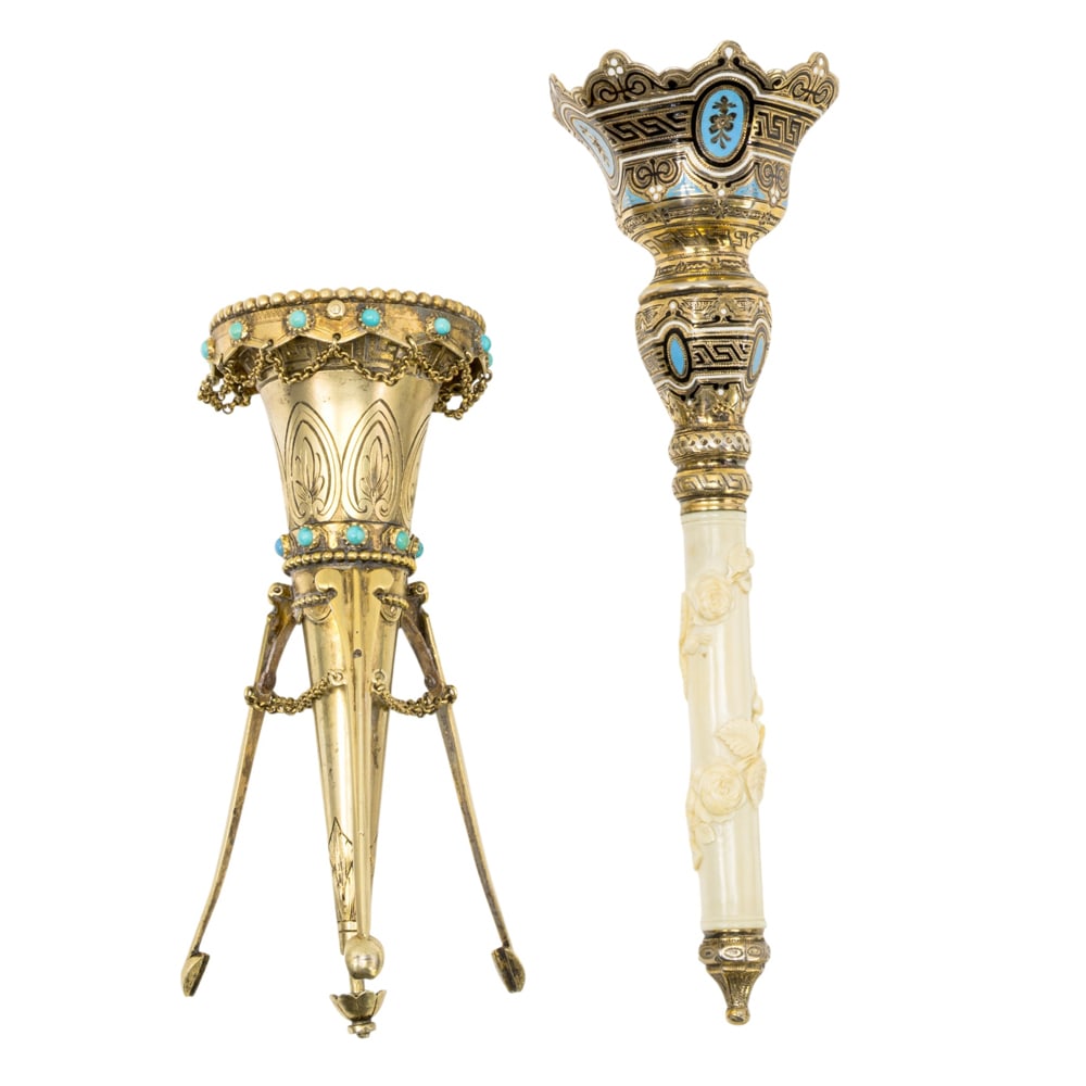Two English or French enamel decorated posy holders or tussie mussies: Two English or French enamel decorated posy holders or tussie mussies, circa 1880, the first tripod decorated in the Etruscan Revival style, monogramed, hallmarked; the second French with enamel