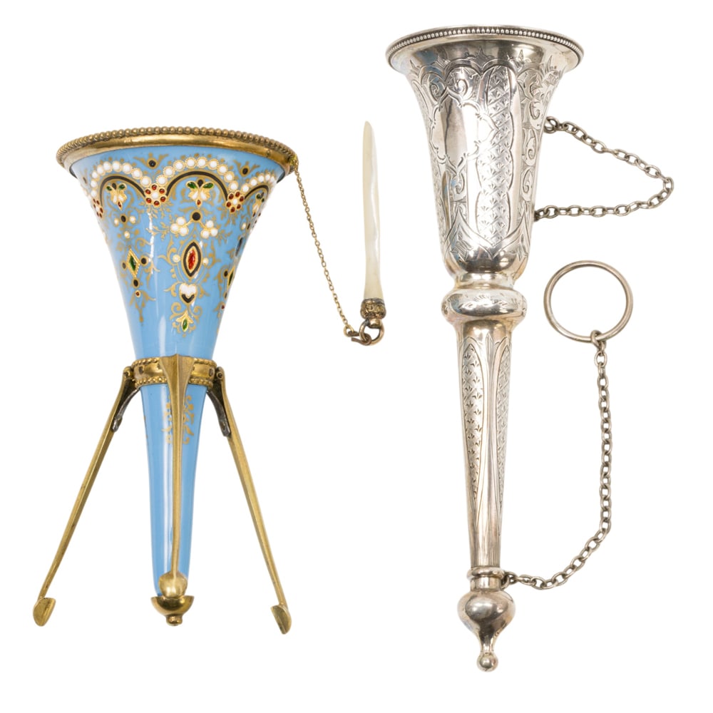 Two English posy holders or tussie mussies: Two English posy holders or tussie mussies, circa 1870, the first turquoise enamel tripod with raised enamel jewels; the second Birmingham sterling silver, hallmarked for Colen Cheshire, 6.25?l and